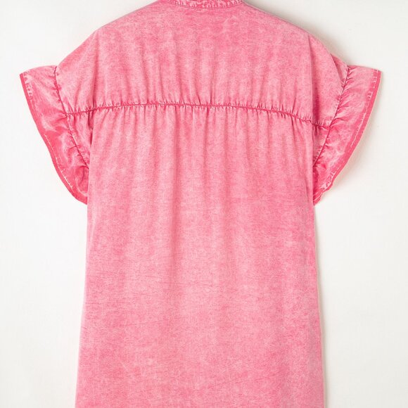 B260 Pink Ruffled Short Sleeve Buttoned Denim Mini Dress - Picture 5 of 10